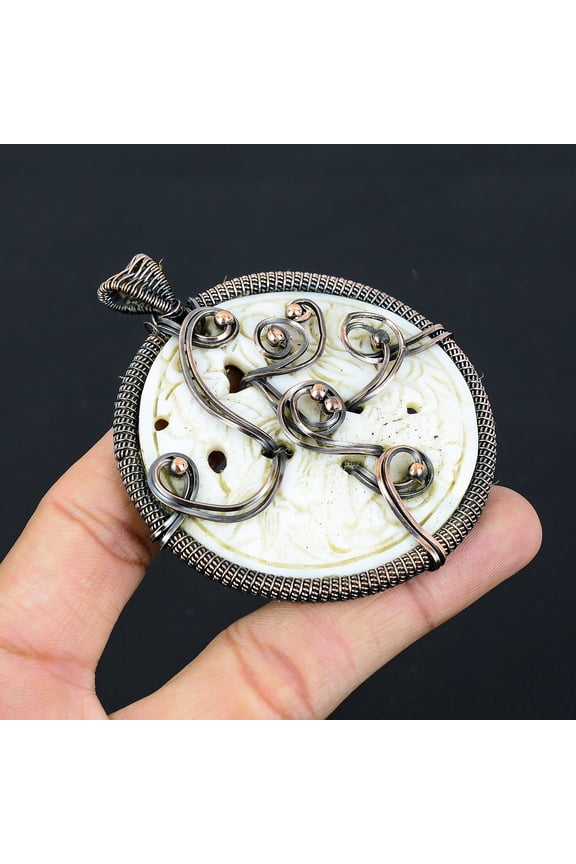 Natural Carved Mother Of Pearl Handmade Copper Wire Wrap Pendant 3.15"