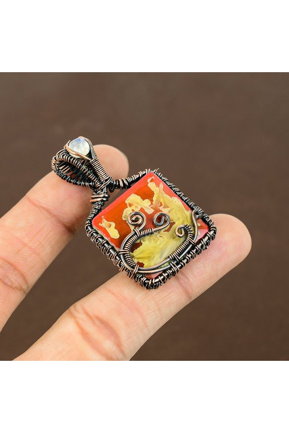 Natural Carved Red Coral, Moonstone Gemstone Copper Wire Wrap Pendant 1.97"