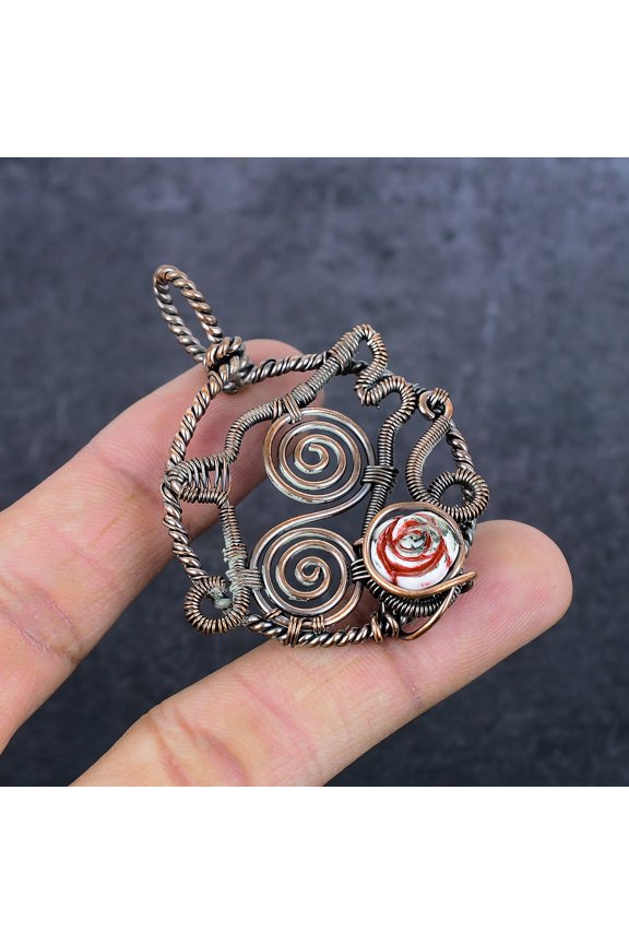 Natural Carving Flower Agate Copper Wire Wrap Jewelry Pendant 2.36"