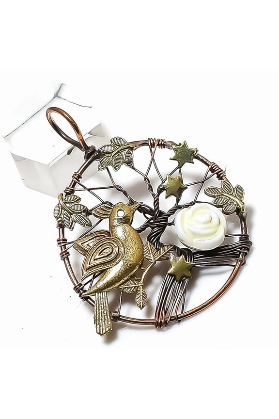 Natural Carving Flower Gemstone Copper Wire Wrap Jewelry Pendant 2.17"