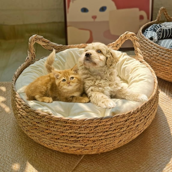 Natural Cat Bed Straw Nest Woven Pet House Handmade Braided Cattail Leaf with Soft Cushion 17 x 17 Inches