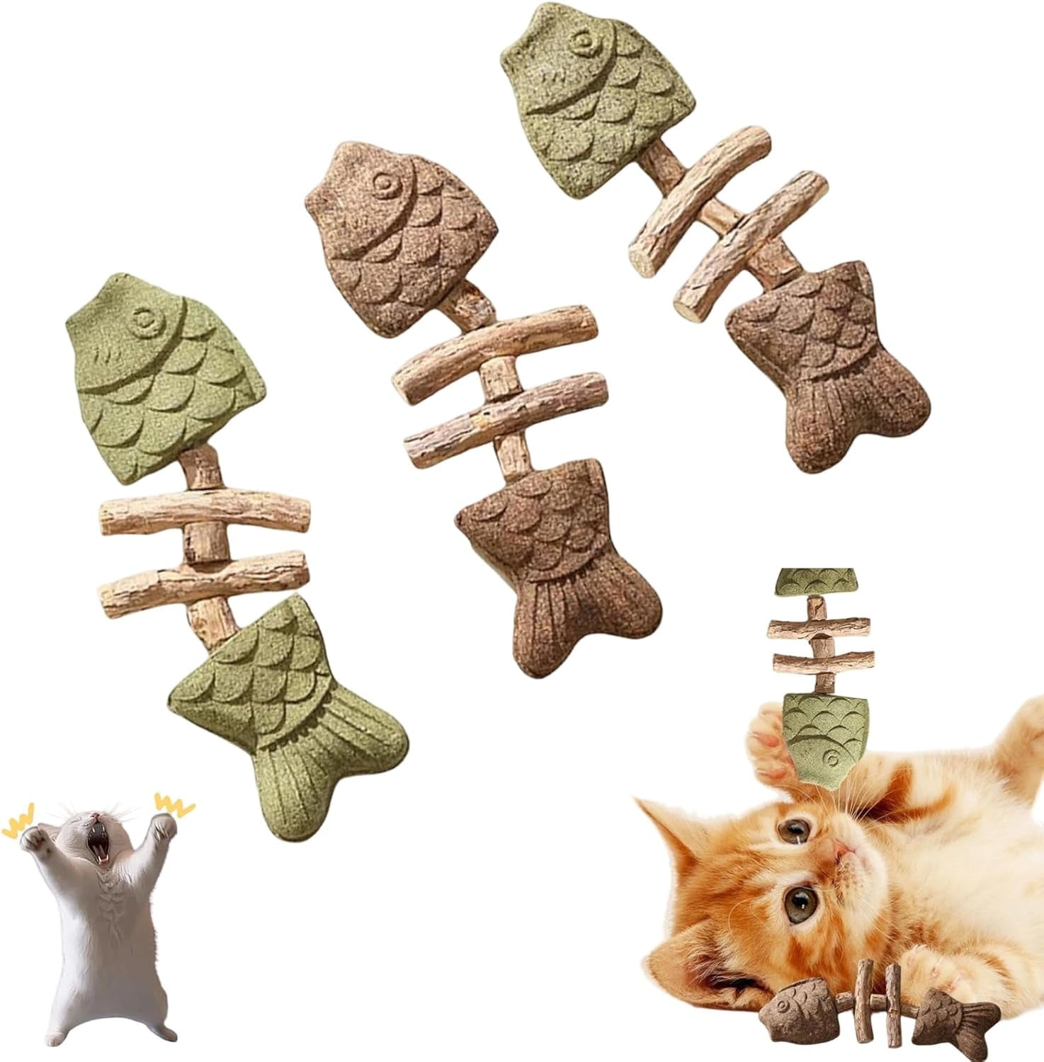 Natural Cat Dental Toy, Fishbone Catnip & Silvervine Chew Toy — Play, Clean, Enrich, Cat Chew Toy Scratch & Bite Resistant (3PCS)