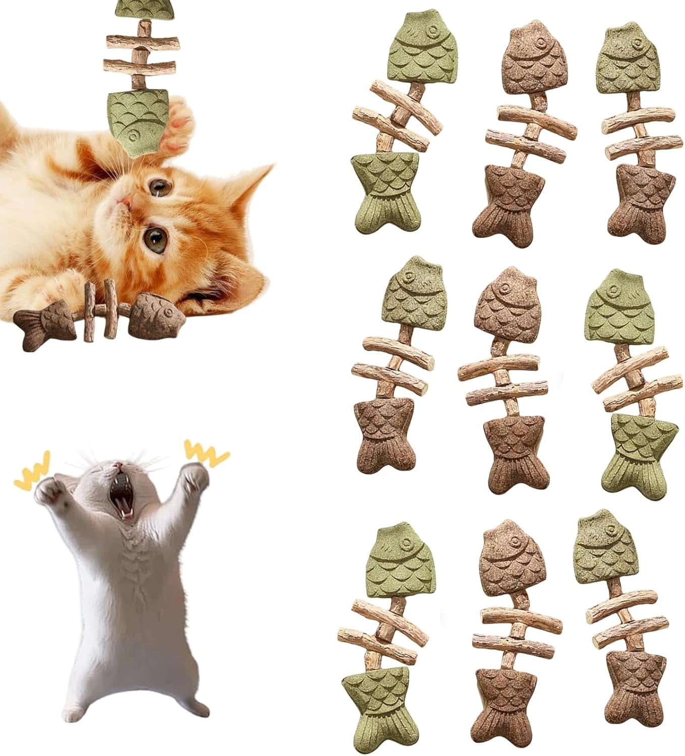 Natural Cat Dental Toy, Fishbone Catnip & Silvervine Chew Toy — Play, Clean, Enrich, Cat Chew Toy Scratch & Bite Resistant (9PCS)