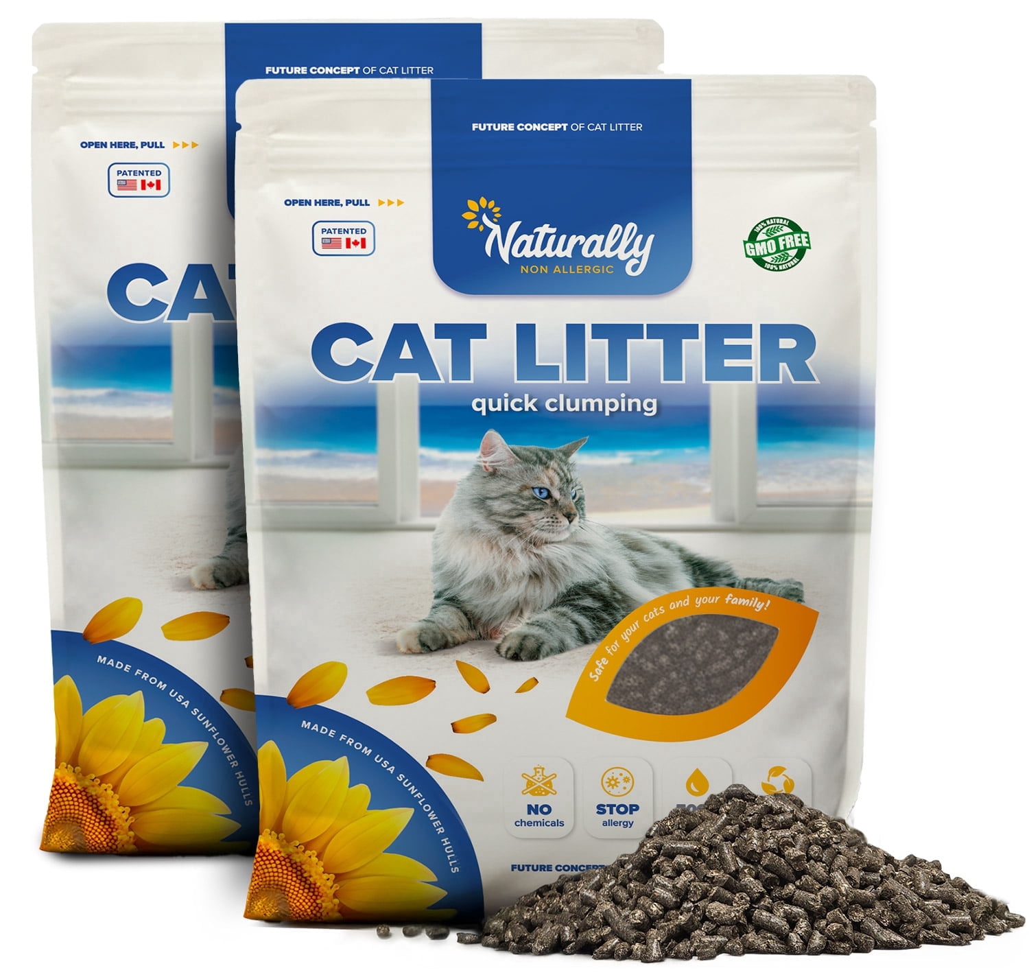 Natural Cat Litter Pellets, Sunflower Hull Formula with Natural Ingredients, Strong Odor Control, 22 lb