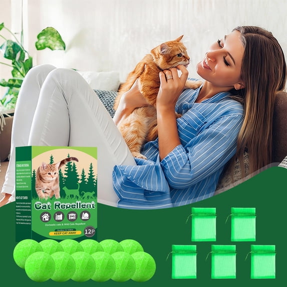 Natural Cat Repellent Balls (12 Pcs) - Indoor & Outdoor Use, Cat Deterrent Outdoor to Keep Cats Away, Keep Cats Out of Yard Permanently, Essential Oil Repellent, Protect Furniture from Scratching