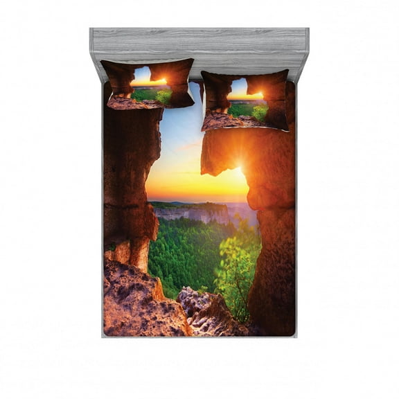 Natural Cave Bedding Set with Sheet & Covers, Canyon at Sunset Time from the Cave Exploration Theme Secret Perspective, Printed Bedroom Decor 2 Shams, 4 Sizes, Green Orange, by Ambesonne