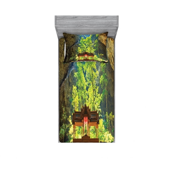 Natural Cave Bedding Set with Sheet & Covers, Latent Pavilion in Between the Cliffs Discovery of Faith in the Nature Picture, Printed Bedroom Decor 2 Shams, 4 Sizes, Multicolor, by Ambesonne