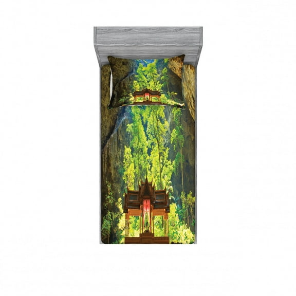 Natural Cave Bedding Set with Sheet & Covers, Latent Pavilion in Between the Cliffs Discovery of Faith in the Nature Picture, Printed Bedroom Decor 2 Shams, 4 Sizes, Multicolor, by Ambesonne