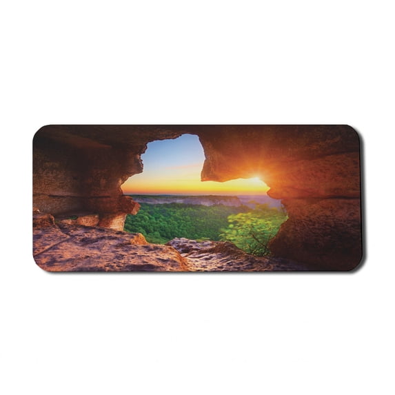 Natural Cave Computer Mouse Pad, Canyon at Sunset Time from the Cave Exploration Theme Secret Perspective, Rectangle Non-Slip Rubber Mousepad X-Large, 35" x 15", Green Orange, by Ambesonne