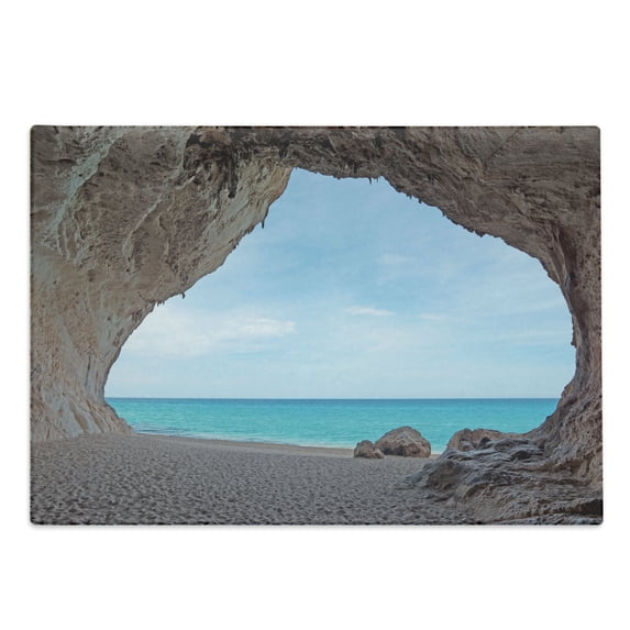 Natural Cave Cutting Board, Dreamy Cara Luna Cave by the Ocean Tropical Beach in Mediterranean Seashore, Decorative Tempered Glass Cutting and Serving Board, Large Size, Cream Blue, by Ambesonne