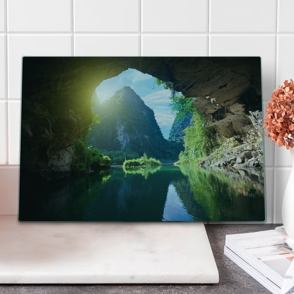 Natural Cave Cutting Board, Mountain Sky View from the Grotto Viatnemese Tam Coc Park Myst Nature Photo, Decorative Tempered Glass Cutting and Serving Board, Large Size, Multicolor, by Ambesonne