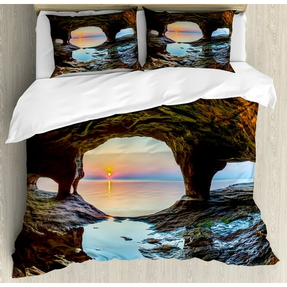 Natural Cave Duvet Cover Set, Horizon View from Mossy Invisible Big Grotto by the Sea up Rocks Photo, Decorative 3 Piece Bedding Set with 2 Pillow Shams, Calking Size, Green Blue, by Ambesonne