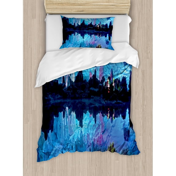 Natural Cave Duvet Cover Set, Pattern of Reed Flute Cistern Artifical Crystal Palace Myst Space Image Print, Decorative 2 Piece Bedding Set with 1 Pillow Shams, Twin Size, Blue, by Ambesonne