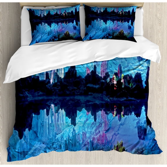 Natural Cave Duvet Cover Set, Pattern of Reed Flute Cistern Artifical Crystal Palace Myst Space Image Print, Decorative 3 Piece Bedding Set with 2 Pillow Shams, Queen Size, Blue, by Ambesonne