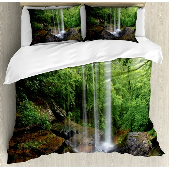 Natural Cave Duvet Cover Set, Still Waterfall in the Forest in Northern Alabama Habitat Ecosystem Scenery, Decorative 3 Piece Bedding Set with 2 Pillow Shams, Calking Size, Green Brown, by Ambesonne