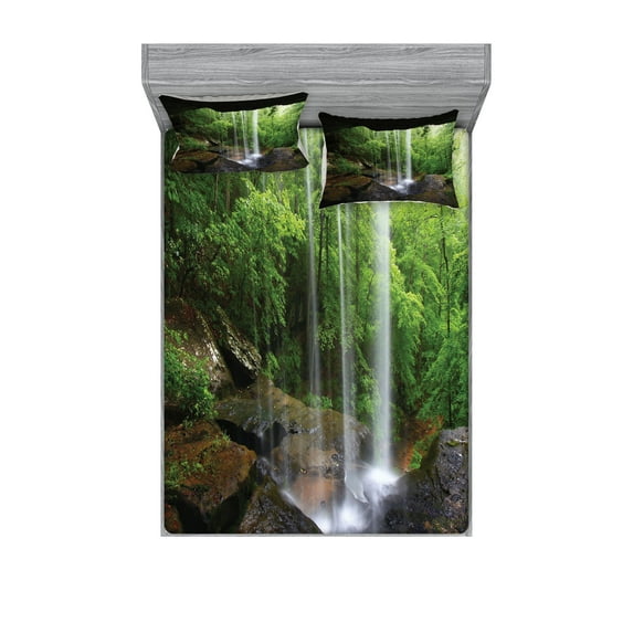 Natural Cave Fitted Sheet & Pillow Sham Set, Still Waterfall in the Forest in Northern Alabama Habitat Ecosystem Scenery, Decorative Printed 6 Piece Bedding Decor Set, Full, Green Brown, by Ambesonne