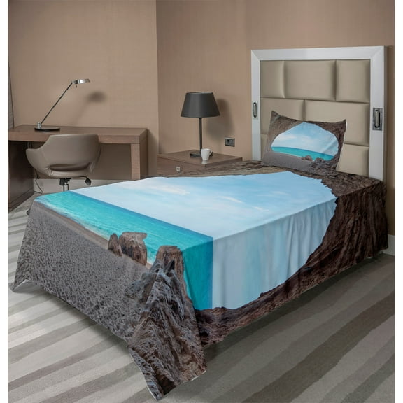 Ambesonne Tropic Fitted & Top Sheet Set with Sham, Mediterranean Beach, Cream Blue