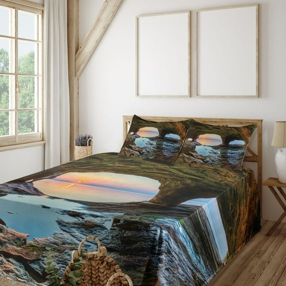 Ambesonne Nature Fitted & Top Sheet Set with Shams, Big Grotto by the Sea, Green Blue