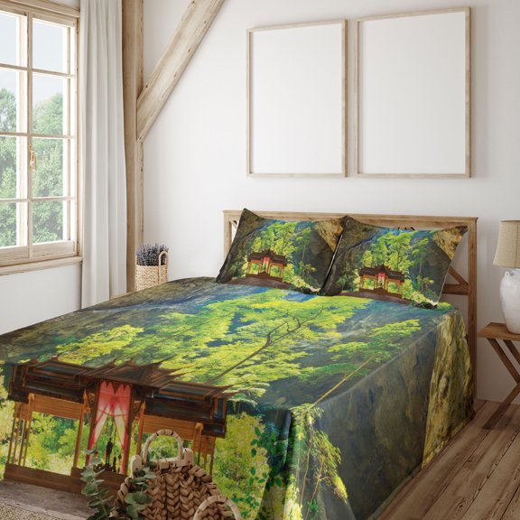 Ambesonne Nature Fitted & Top Sheet Set with Shams, Latent Pavillion Cliff, Multicolor