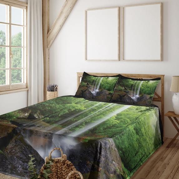 Natural Cave Sheet Set, Still Waterfall in the Forest in Northern Alabama Habitat Ecosystem Scenery, Fitted and Flat Sheet Pillowcases Bedding Accent 4 Piece Set, Calking, Green Brown, by Ambesonne