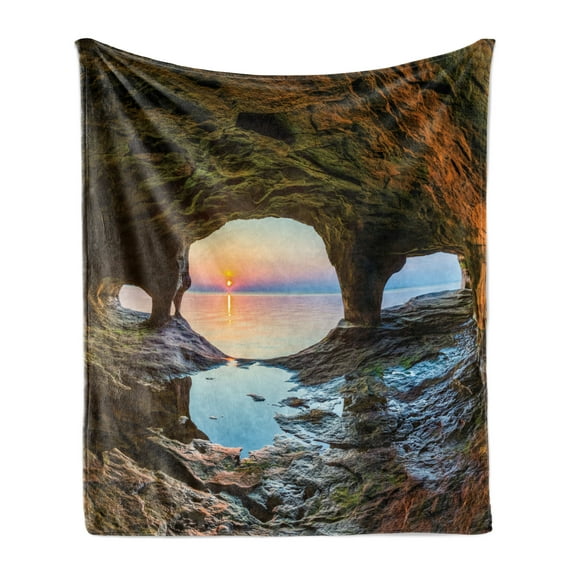 Natural Cave Soft Flannel Fleece Blanket, Horizon View from Fairy Mossy Invisible Big Grotto by the Sea up Rocks Photo, Cozy Plush for Indoor and Outdoor Use, 50" x 70", Green Blue, by Ambesonne
