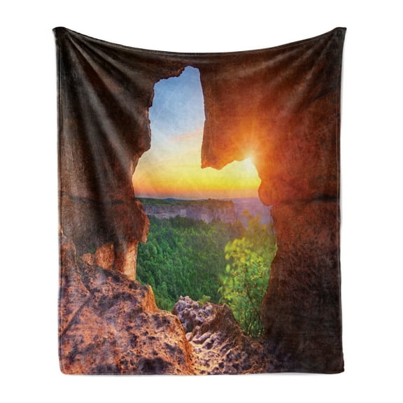 Natural Cave Soft Flannel Fleece Throw Blanket, Canyon at Sunset Time from the Cave Exploration Theme Secret Perspective, Cozy Plush for Indoor and Outdoor Use, 50" x 60", Green Orange, by Ambesonne
