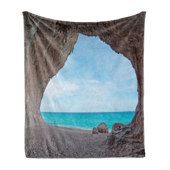 Natural Cave Soft Flannel Fleece Throw Blanket, Dreamy Cara Luna Cave by the Ocean Tropical Beach in Mediterranean Seashore, Cozy Plush for Indoor and Outdoor Use, 70" x 90", Cream Blue, by Ambesonne