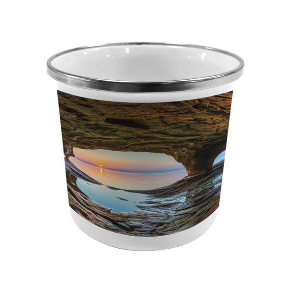Natural Cave Steel Camping Mug, Horizon View from Fairy Mossy Invisible Big Grotto by the Sea up Rocks Photo, Printed Thermal Cup for Camping and Outdoor Activities, by Ambesonne
