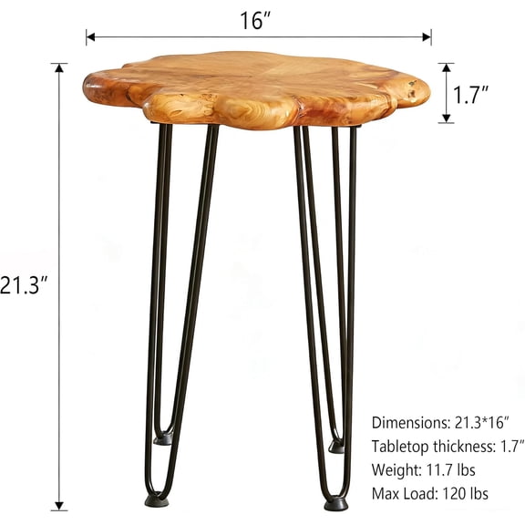 Natural Cedar Wood Live Edge End Table, 16" W x 21.3" H Rustic Side Table with Metal Hairpin Legs, Handmade Small Waterproof Coffee Table for Living Room, Bedroom,  & Garden