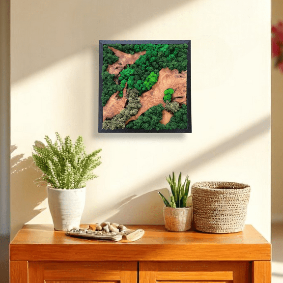 Evergreen Oasis Handcrafted Wall Art, Preserved Green Moss and Wood Art, 12" x 12" x 1"