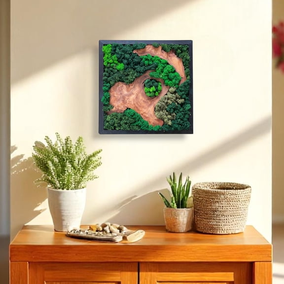 Natural Cedar Wood & Preserved Moss Wall Art - Handcrafted 12x12x1 Inch Square Dual Fragments Décor