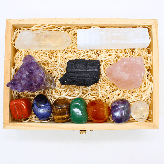Natural Chakra Crystals and Stones, Healing Crystals & Spiritual Stones for Meditation & More, Includes Quartz Crystals & Black Tourmaline Stone, With Wooden Box, 12 Pieces