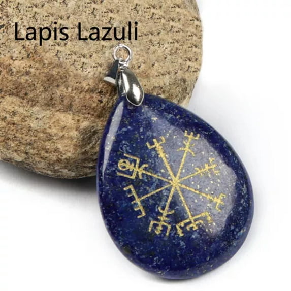 Natural Chakra Stones Engraved Viking Vegvisir Talsman Symbol Teardrop Pendant