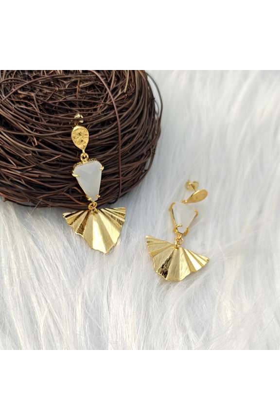 Natural Chalcedony Gemstone 18k Gold Plated Brass textured Earring | Handmade Prong Setting | Drop & Dangle Earring