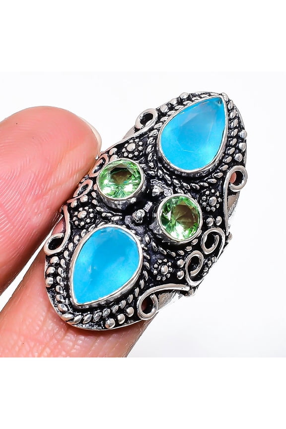 Natural Chalcedony, Tsavorite 925 Sterling Silver Jewelry Ring Size 8