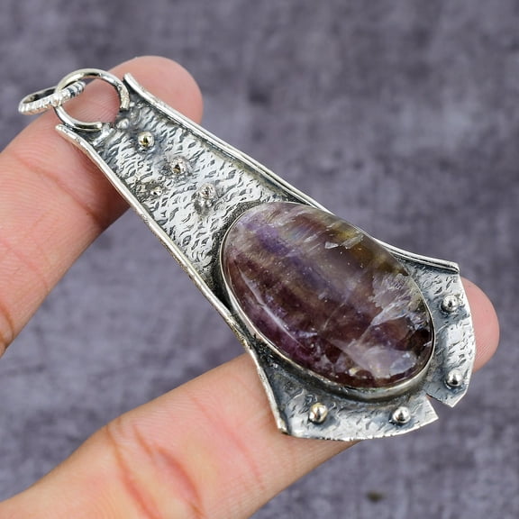 Natural Charoite Gemstone Handmade 925 Sterling Silver Pendant 3.25"