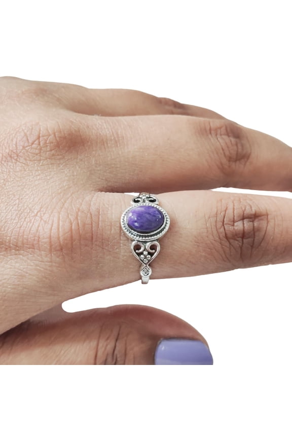Natural Charoite Ring, Purple Charoite Gemstone Ring, Tiny Bohemian Ring, 925 Sterling Silver, Designer Womens Ring, Christmas Thanksgiving, Handmade Statement Jewelry, Natural Charoite