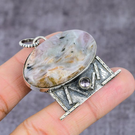 Natural Charoite, White Topaz Gemstone 925 Sterling Silver Pendant 2.25"
