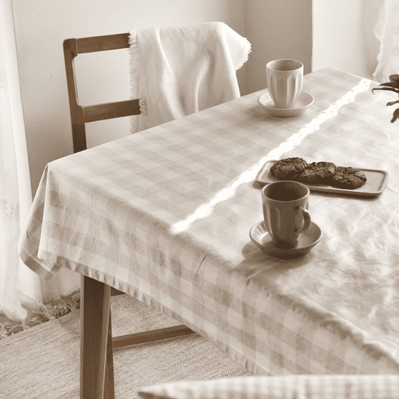 Natural Check Beige Waterproof Cotton Table Cover 71x51 – Washable Spill-Proof Dining Tablecloth for Kitchen, Home, Party, Picnic, Event or Wedding – Made in Korea