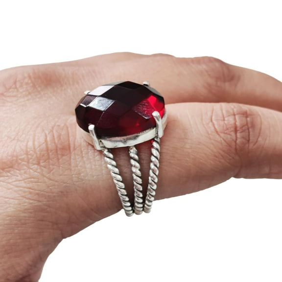 Natural Checker Garnet Ring, Garnet Ring, January Birthstone, 3 Twisted Bohemian Band, 925 Sterling Silver, Womens Ring, Christmas, Thanksgiving, Handmade, Statement Jewelry, Natural Gemstone Ring