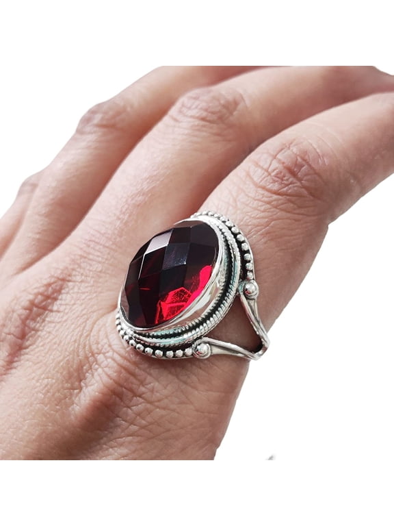 Natural Checker Garnet Ring, Women's Garnet Ring, January Birthstone, Bohemian Band, 925 Sterling Silver, Womens Ring, Christmas, Thanksgiving, Handmade, Statement Jewelry, Natural Gemstone Ring