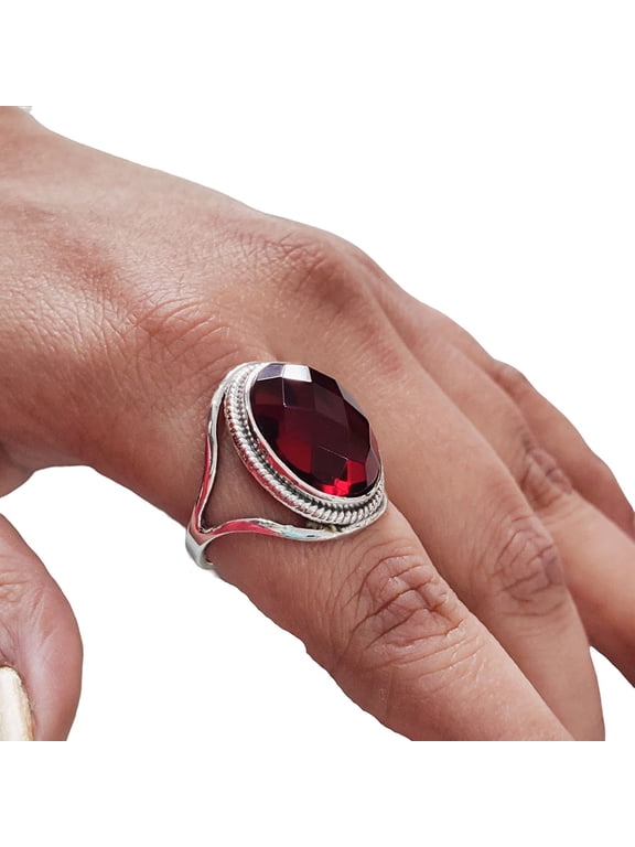 Natural Checker Garnet Ring, Women's Garnet Ring, January Birthstone, Designer Band, 925 Sterling Silver, Womens Ring, Christmas, Thanksgiving, Handmade, Statement Jewelry, Natural Gemstone Ring