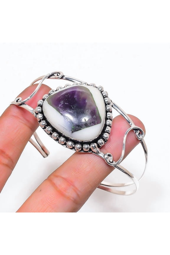 Natural Chevron Amethyst 925 Sterling Silver Cuff Bangle Adjustable