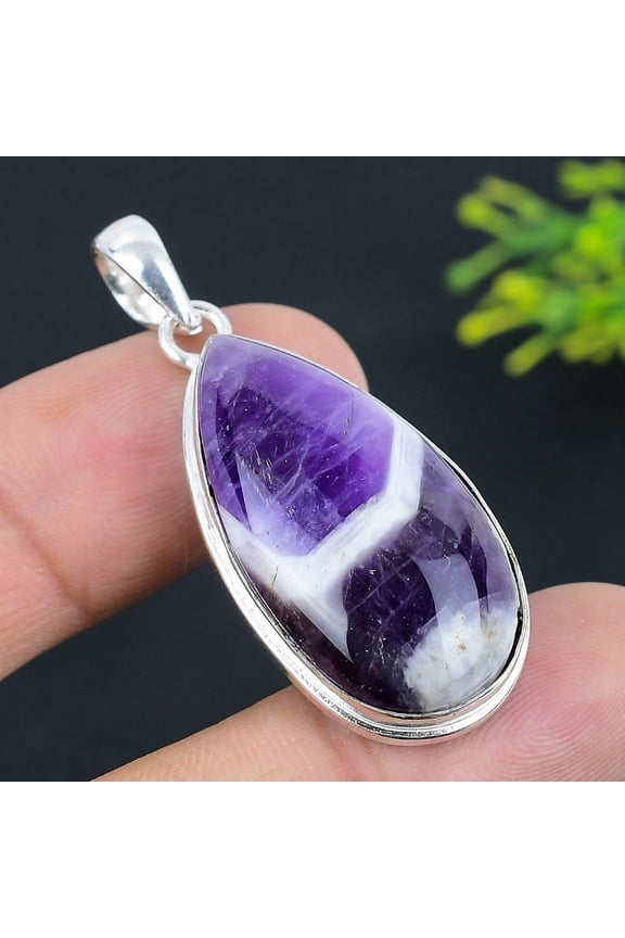 Natural Chevron Amethyst Gemstone 925 Sterling Silver Gift Pendant 1.89"
