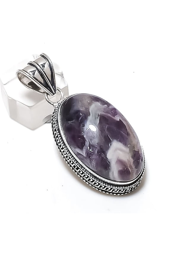 Natural Chevron Amethyst Gemstone 925 Sterling Silver Jewelry Pendant 2.05"