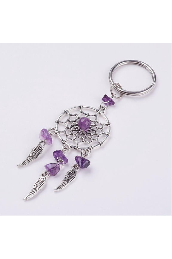 Natural Chip Amethyst Keychain with Tibetan Style Pendants and 316 Surgical Stainless Steel Key Ring Woven Net/Web with Feather 107mm Pendant: 82x28x7mm
