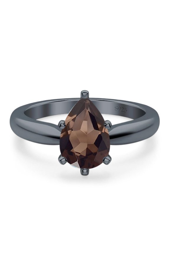 Natural Chocolate Smoky Quartz Black Tone Silver Size-8 Minimalist Pear Teardrop Solitaire Cathedral Ring Vintage Style Wedding Engagement Ring 925 Sterling Silver Gifts For Her