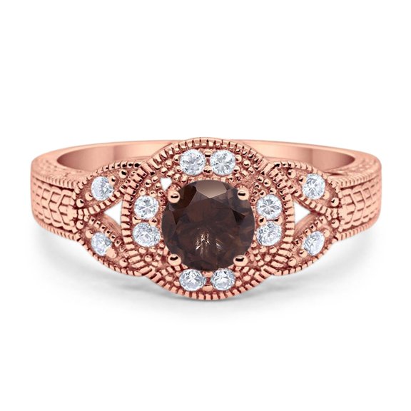 Natural Chocolate Smoky Quartz Rose Tone Silver Size-7 Art Deco Round Leaf Style Split Shank Beaded Cluster CZ Wedding Engagement Ring 925 Sterling Silver Gifts For Her