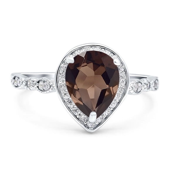 Natural Chocolate Smoky Quartz Size-5 Pear Teardrop Vintage Rings Marquise Style Halo CZ Wedding Engagement Ring For Women 925 Sterling Silver Gifts For Her