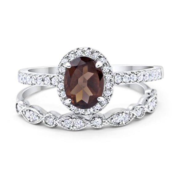 Natural Chocolate Smoky Quartz Size-5 Two Piece Oval Half Eternity Band Vintage Style Halo CZ Wedding Set Engagement Ring 925 Sterling Silver Gifts For Her